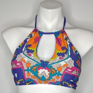 Trina Turk Blue Orange Pink Kaleidoscope Keyhole Strappy Bikini Swimsuit Top 12